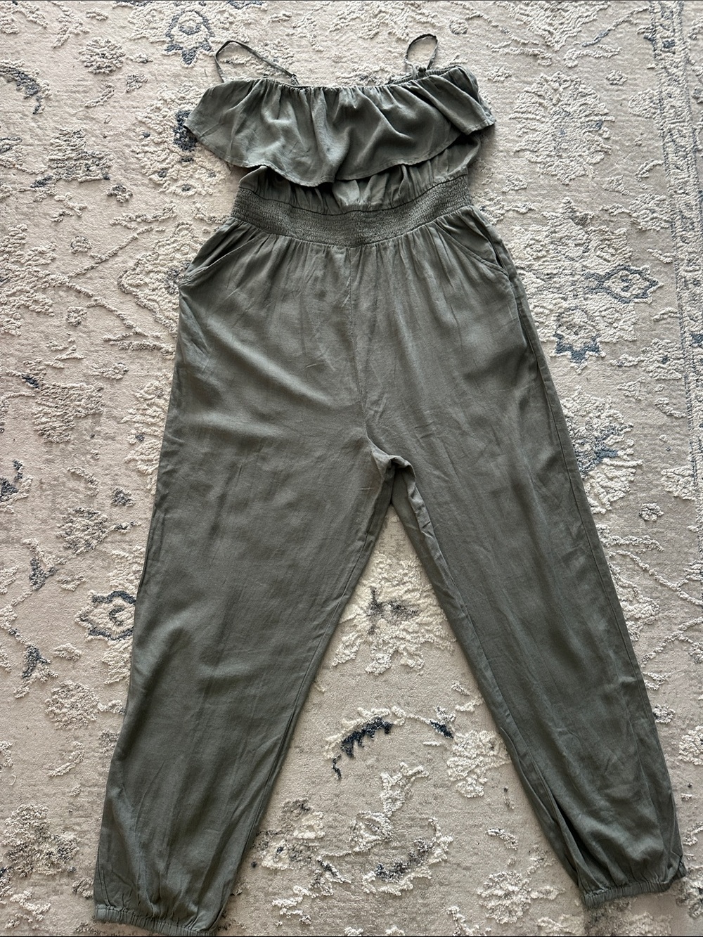 American Eagle Outfitters Olive Off-Shoulder Ruffle Jumpsuit